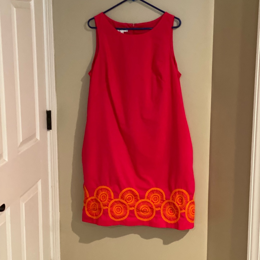Dress, hot pink with orange embroidery, size 16, sleeveless, knee length